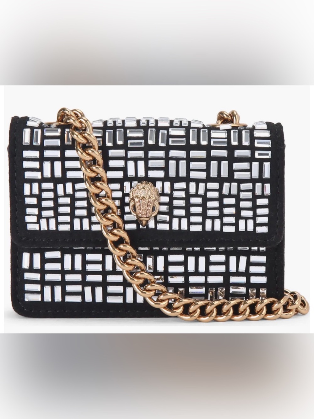 Kurt Geiger Black Evening Mini Bag with Gold Chain and Mirror Tiles